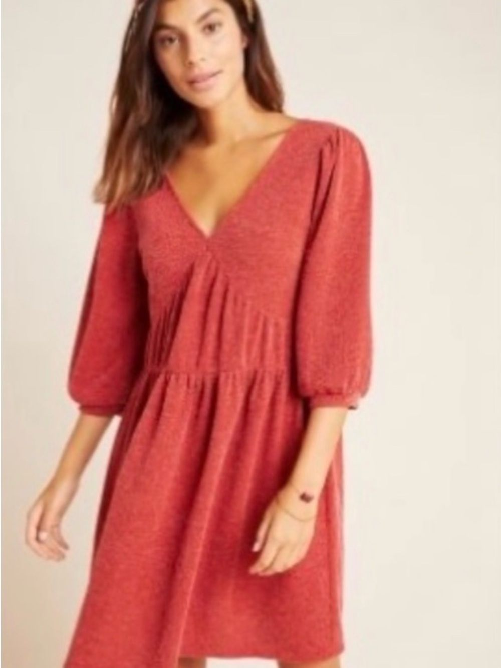 V-Neck Puff Sleeve Midi Dress in Rust